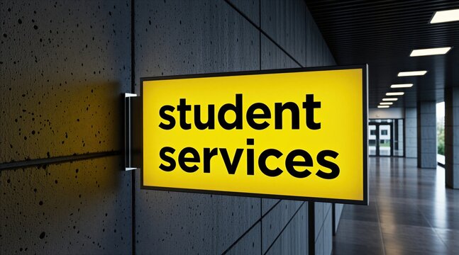 Bright yellow sign for student services glows on dark textured wall. Interior hallway with modern lights and columns. Academic help desk office concept.