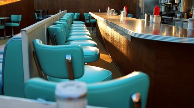 Empty diner counter with turquoise vinyl stools lined beside chrome trimmed wood countertop, warm sunlight, retro interior details, polished surfaces, soft shadows, nostalgic restaurant atmosphere