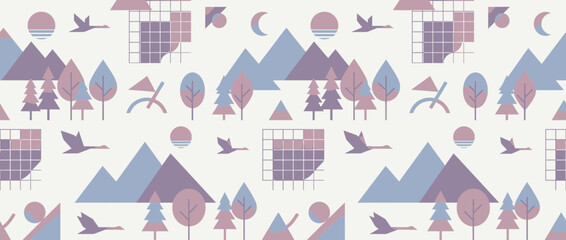 Geometric Woodland Landscape Pattern with Flying Birds © wowo