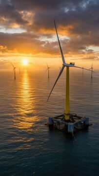 Aerial view of offshore wind turbines at sunset over calm ocean waters with vibrant sky colors