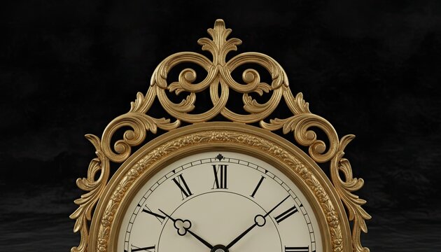 Clock with ornate gold frame against a dark black background in dramatic low-key lighting