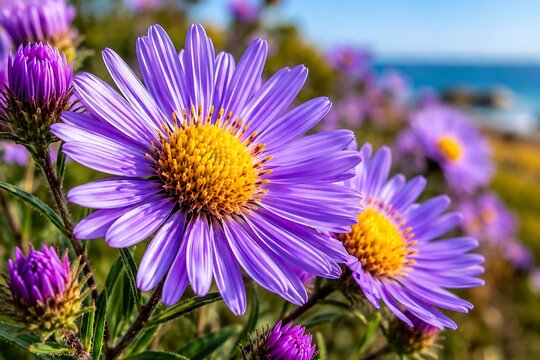 Purple Asters with Yellow Centers by the Sea flower