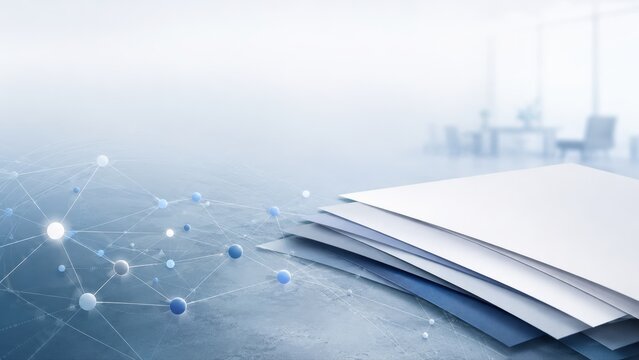 Document Stack with Digital Network Plexus on Office Desk