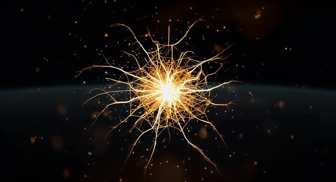 Abstract glowing golden neuron cell representing brain neural network connectivity and synaptic electrical impulses