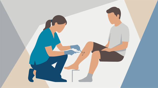 Medical vector illustration depicting the clinical procedure of surgical suture removal from human skin using sterile metal surgical scissors and forceps on a white background.