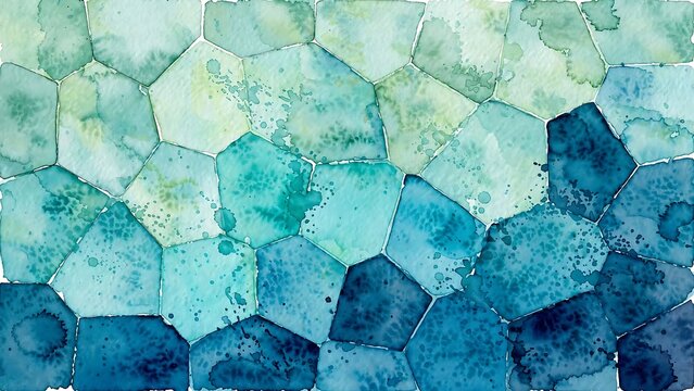 Abstract watercolor mosaic pattern with irregular polygons in shades of blue, teal, and green
