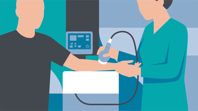 Medical illustration of an ultrasonic bone stimulator device for orthopedic healing and fracture recovery treatment, featuring professional medical technology design elements.