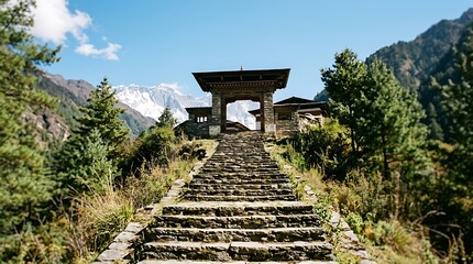 Stone staircase leading to a traditional gate in the himalayas © abid