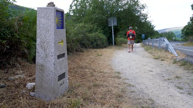 Detalle de un hito del Camino de Santiago mientras un peregrino de espaldas sigue la ruta, avanzando por el sendero en un entorno natural.