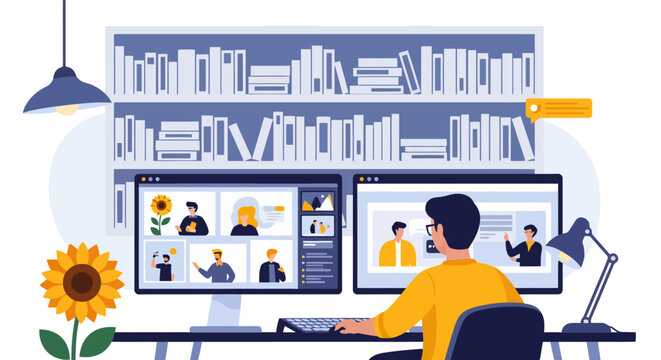 People meeting on a computer screen for a remote virtual conference in a room