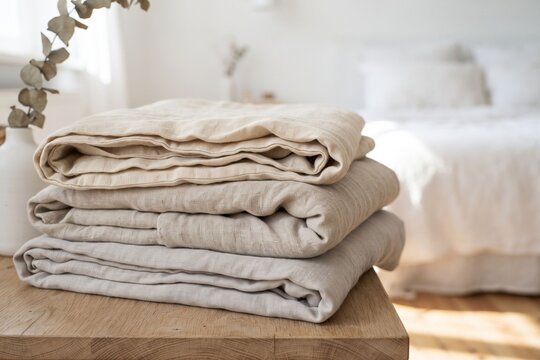Natural linen bedding stack on wooden table, folded organic cotton blankets in neutral tones, cozy minimalist bedroom interior with soft sunlight