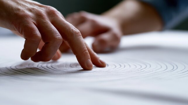 Close-up of a hand with fingers lightly touching a surface, creating subtle concentric ripples. The focus is on the gentle interaction and the delicate patterns formed