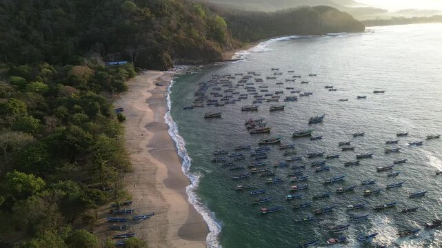 Aerial view of Papuma Beach with numerous traditional fishing boats anchored along the sandy coastline and lush green hills of East Java, Indonesia.
