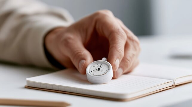 A hand places a tiny stopwatch on an open notebook, symbolizing time management or a deadline