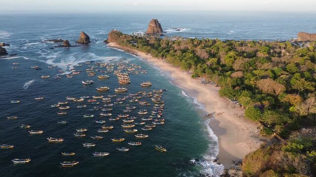Aerial view of Papuma Beach featuring numerous small fishing boats anchored in the clear blue water along the sandy coastline and lush forest in East Java, Indonesia.