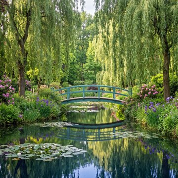Teal Bridge Over Reflective Pond in Lush Garden