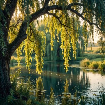 Willow Tree Reflections Over Tranquil Pond Landscape