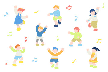 Fototapeta premium 楽しそうに踊るこども達のフラットなイラスト（セット）