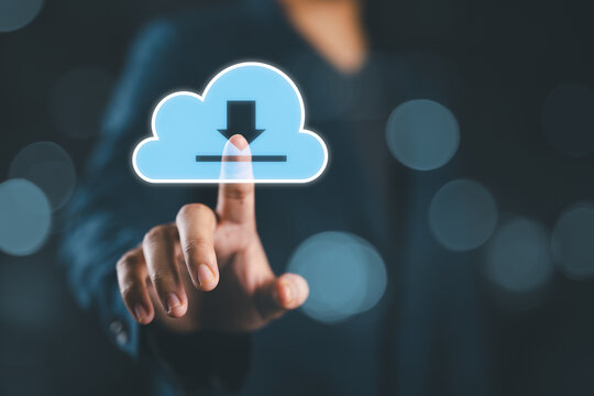 Hand touching cloud computing with download sign symbol for technology transformation and sharing concept.