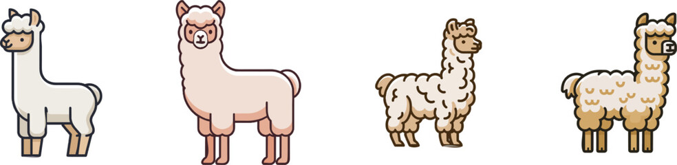 Fototapeta premium A fluffy farm alpaca in a minimalist design with clean dark outlines and warm beige and white flat colors stands on a solid pure white background