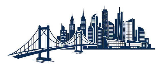 Fototapeta premium Modern City Skyline with Suspension Bridge Silhouette