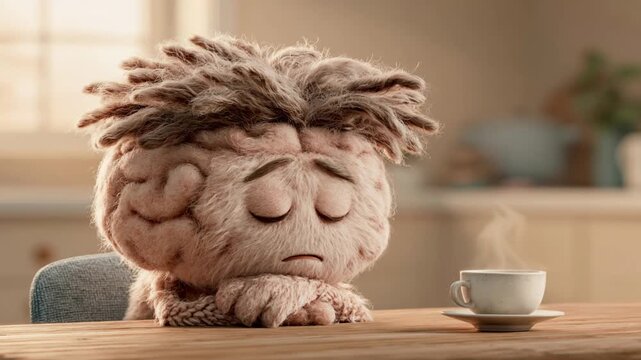 Tired and sleepy brain shaped character with messy hair struggling to wake up in the morning, sitting at a table with a steaming cup of hot coffee to get some energy and fight fatigue
