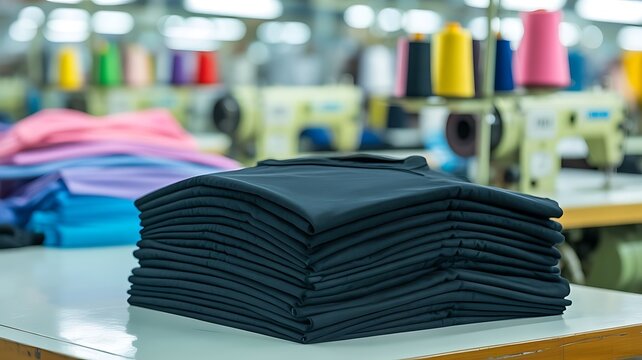Stack of folded dark blue t-shirts on a sewing workshop table with colorful thread spools in the blurred background, of a textile, manufacturing plant