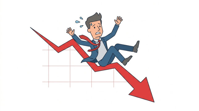 Businessman sliding down a red downward trend arrow on a grid