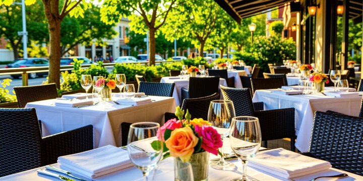 Empty outdoor restaurant terrace tables setup for dining in city street. White tablecloths with flowers glasses, cutlery await guests on sunny day. Wicker chairs stand near green trees in urban cafe