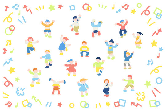 楽しそうに踊るこども達と簡単なアイコンのフラットなイラスト（セット）