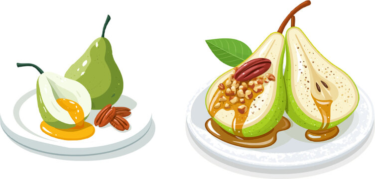 A delectable plate of baked pears drizzled with syrup and topped with pecans, presented in a flat color vector illustration style