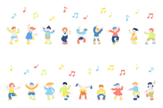 横に並んで楽しそうに踊るこども達のフラットなイラスト（セット）
