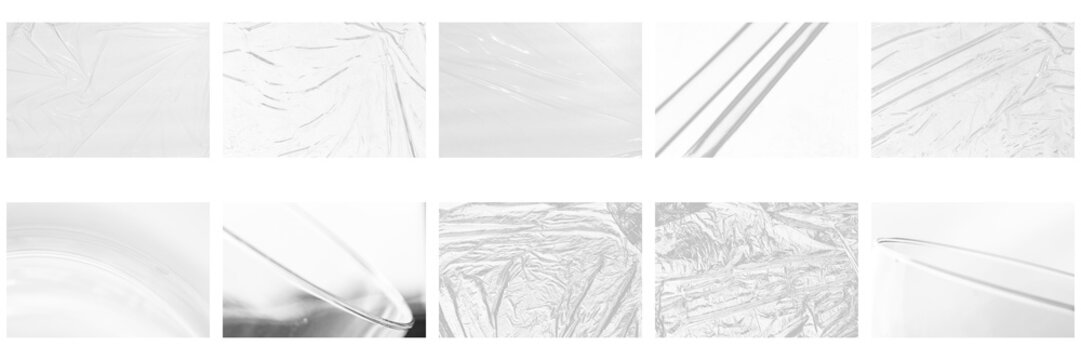 Transparent plastic wrap panels, crumpled cellophane, transparent film and scratched packaging overlays set and collection for PNG overlay background design.