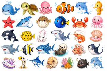 Fototapeta premium Cute Ocean Animals Clipart Collection with Whale, Dolphin, Sea Turtle, Fish and Marine Life on White Background