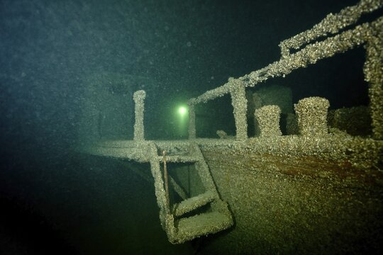 Underwater image of a partly decayed shipwreck covered with mussels, quagga triangle mussel (Dreissena rostriformis bugensis), invasive species, in mystical light, dive site wreck of the Jura, Lake Constance, Bottighofen, Switzerland, M&uuml;nsterlingen, Germany