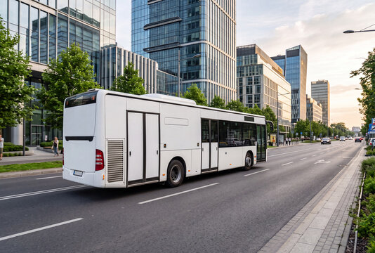 Modern city bus with blank full-side advertising space driving through a contemporary business district. Perfect for transit advertising, vehicle branding, outdoor marketing and bus wrap mockup presen