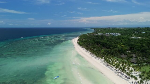 Aerial view of Dumaluan Beach with white sand, turquoise water, and lush palm trees along the coastline in Panglao, Central Visayas, Philippines.
