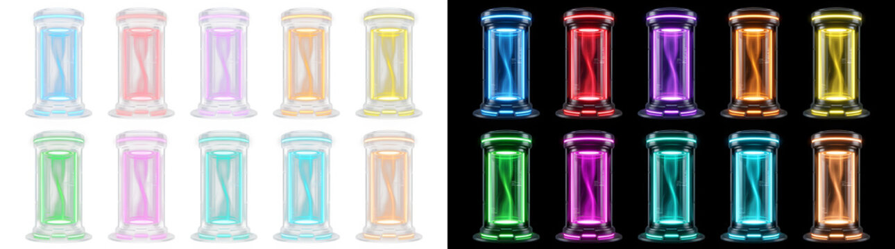Set of glowing neon rectangular light boxes with colorful interior fill rectangle container