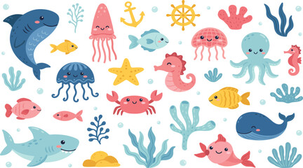 Cute Cartoon Sea Animals Vector Set with Baby Sharks Whale Octopus and Undersea CoralsCute Cartoon Sea Animals Vector Set with Baby Sharks Whale Octopus and Undersea Corals © MDROWNOK