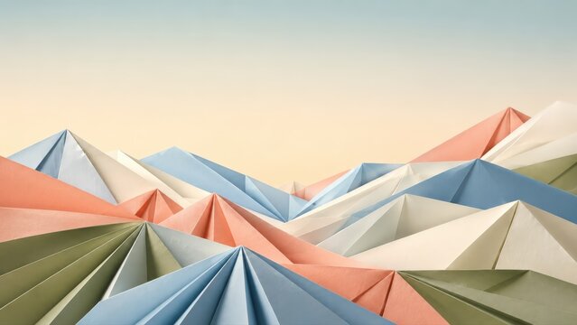 Paper Folded Mountain Landscape with Pastel Peaks and Copy Space