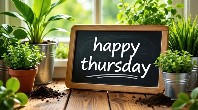 Chalkboard with happy thursday text sits among potted green plants and soil. Bright sunlight streams through a window, illuminating a home garden setting.