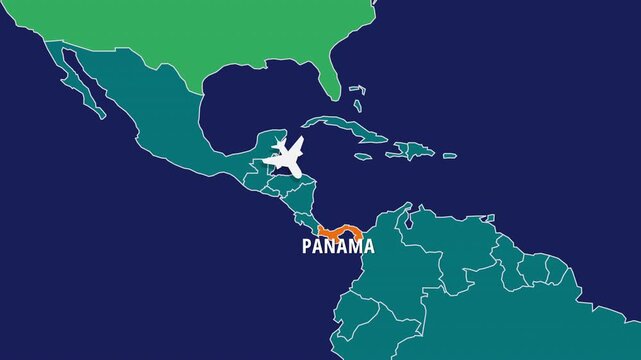 Flight Map Animation Showing Airplane Route Travelling From USA to Panama. Perfect visual for video editors, content creators, and marketing agencies needing high-end geographical transitions.