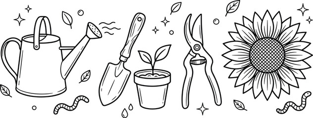 Gardening tools and sunflower line art vector icon set with watering can hand trowel shovel plant pot pruner shears and earthworm elements © MSTKAOCHARA