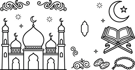 Islamic Ramadan line art vector icon set featuring mosque domes minarets open Quran book crescent moon star prayer beads and date fruit elements © MSTKAOCHARA