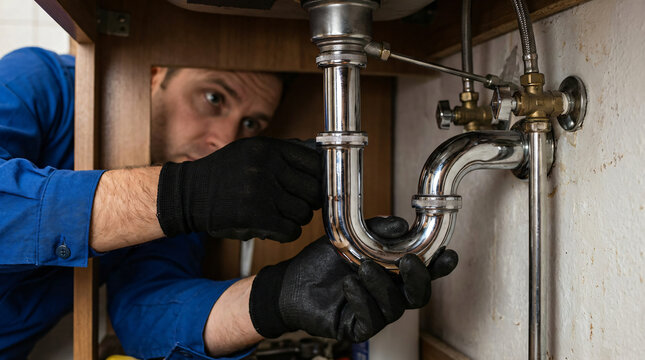 Professional plumber fixing a leaky sink pipe under the kitchen counter, ensuring proper drainage and preventing water damage.