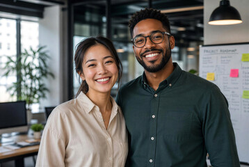 Obraz premium Diverse Smiling Business Colleagues Standing Together in Modern Office