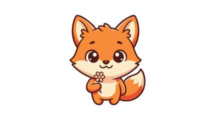 Fototapeta premium Cute cartoon fox holding a flower. Adorable woodland animal character for nursery design.