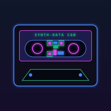 Retro neon cassette tape glowing with synthwave aesthetics featuring digital QR code elements and Synth-Data C60 typography