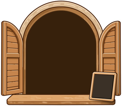 Cute arched wooden window illustration with shutters and a small signboard