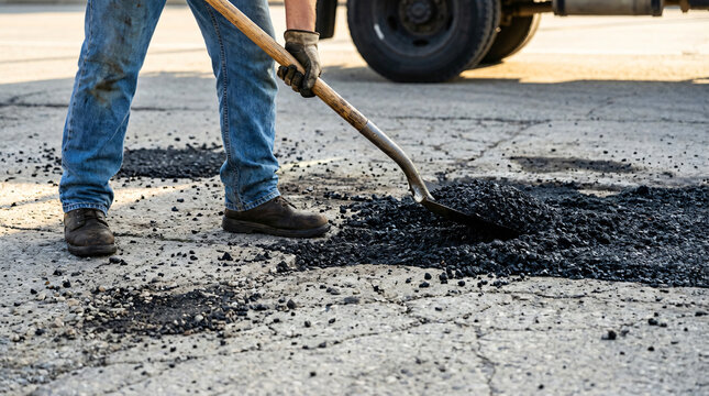 Road worker shoveling fresh asphalt into a pothole for repair and maintenance on a sunny day.